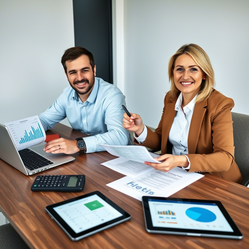 Une femme et un homme d'environ 40-45 ans, habillés en tenue professionnelle décontractée, sont assis à un bureau dans un environnement lumineux et moderne. Ils examinent ensemble des documents financiers et un ordinateur portable affichant des graphiques de performance d'investissement. Une calculatrice et une tablette montrant un simulateur de retraite sont posées sur la table. Leur expression est concentrée mais positive, suggérant qu'ils planifient activement leur avenir financier. La scène dégage une impression de sérénité et de contrôle face à la planification financière.